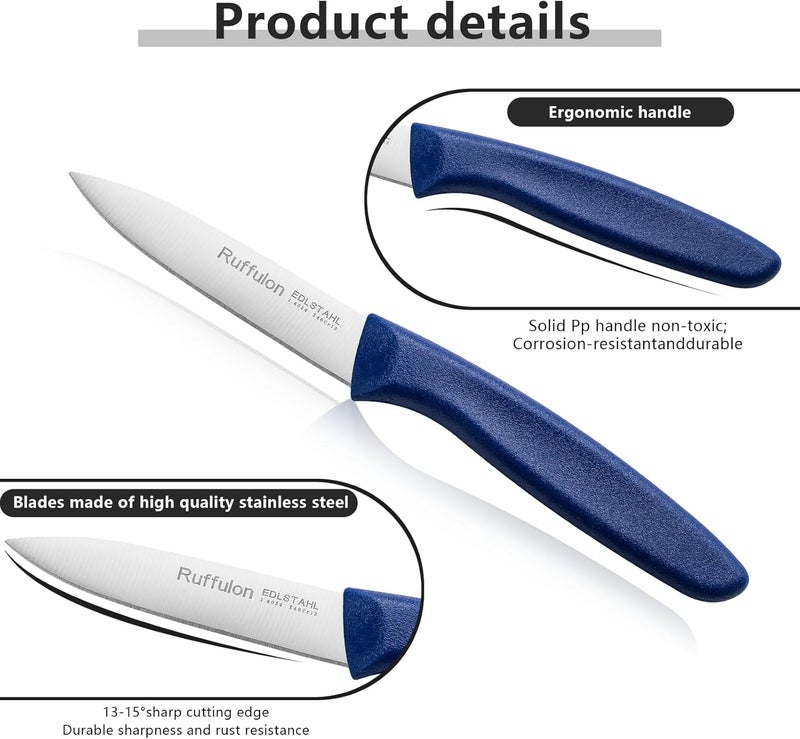 Ruffulon Paring Knife Fruit Knife Set (6 Pieces), Ultra Sharp Stainless Steel Vegetable and Fruit Knife with PP Plastic Ergonomic Handle for Cutting Fruits and Vegetables,Blue - Image 3